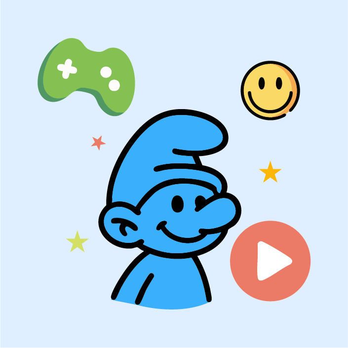 Cartoon Smurf with a smile, promoting the fun Smurfs roleplay game for animated adventures.